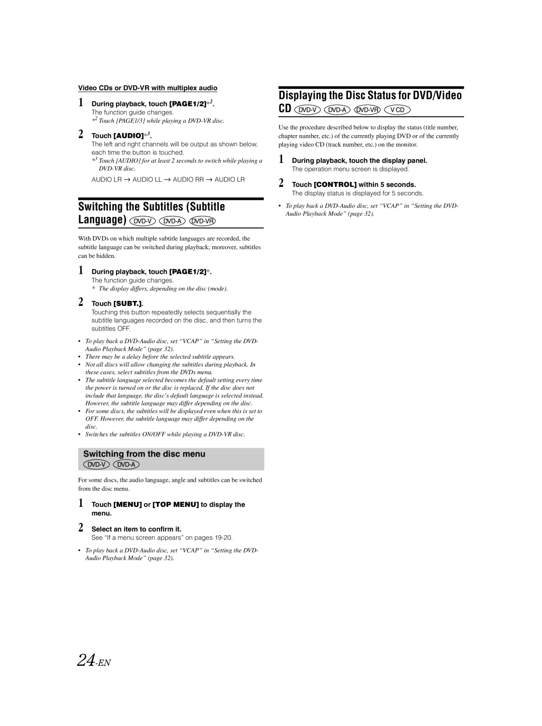 Alpine IVA-D100 owner manual Displaying the Disc Status for DVD/Video, Switching from the disc menu, 24-EN 