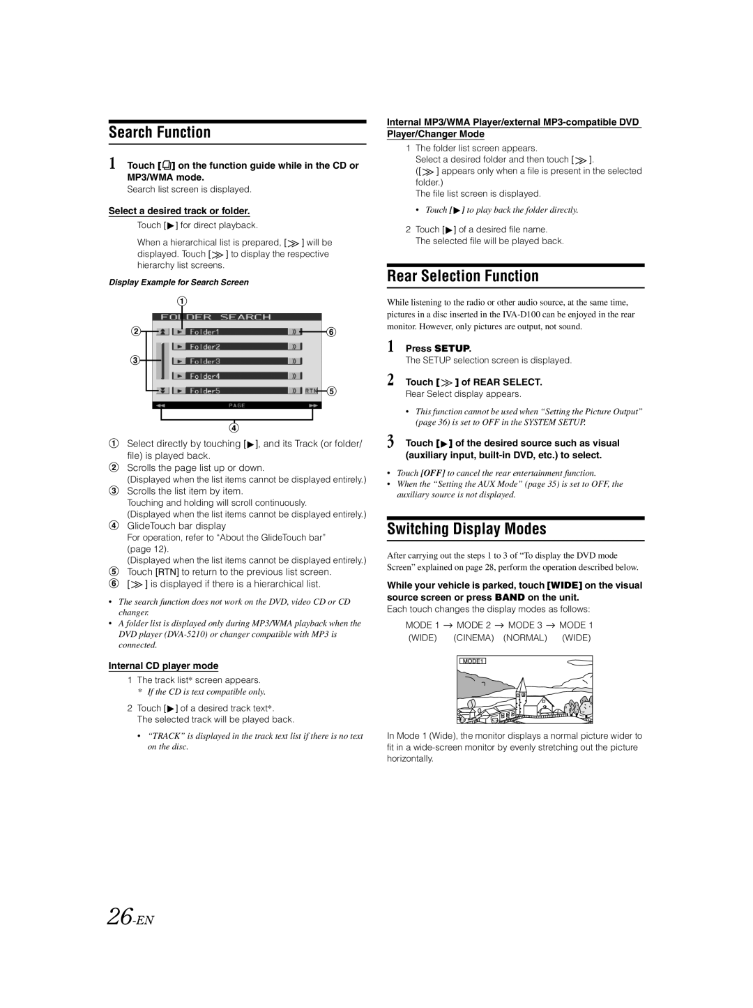 Alpine IVA-D100 owner manual Search Function, Rear Selection Function, Switching Display Modes, 26-EN 