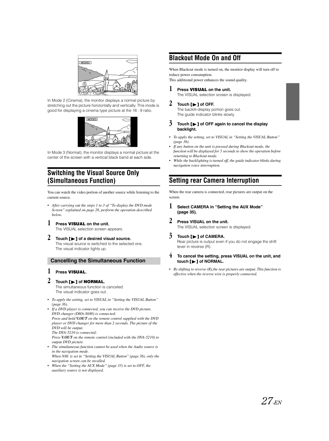 Alpine IVA-D100 owner manual Switching the Visual Source Only Simultaneous Function, Blackout Mode On and Off, 27-EN 