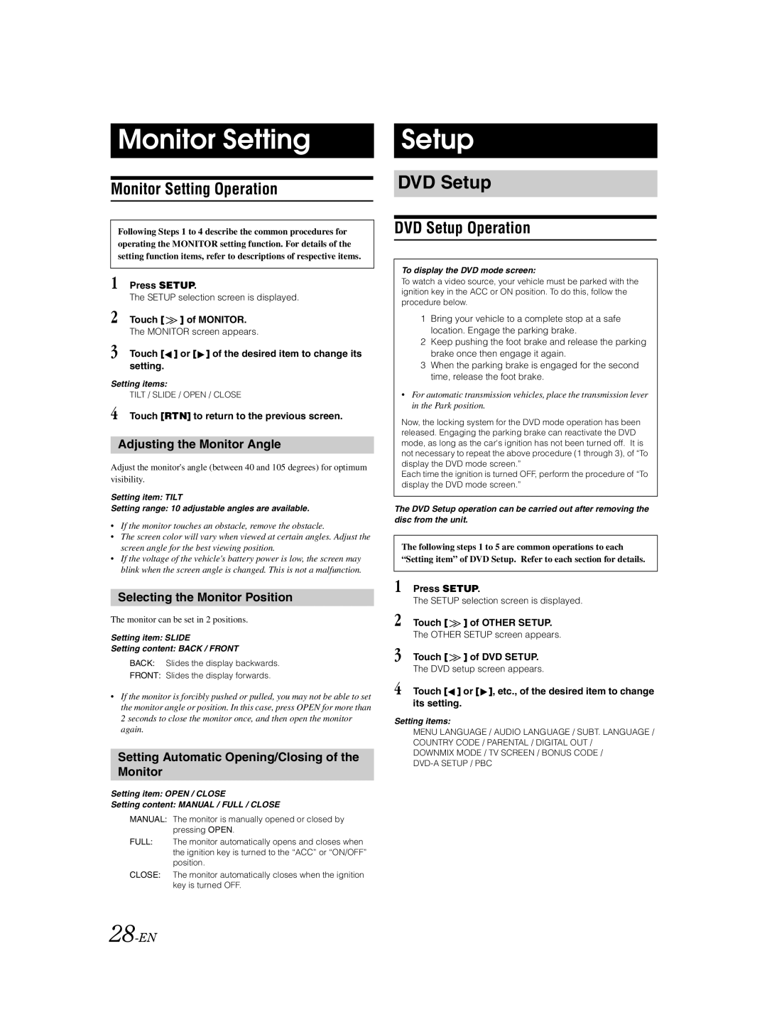 Alpine IVA-D100 owner manual Monitor Setting Operation, DVD Setup Operation 