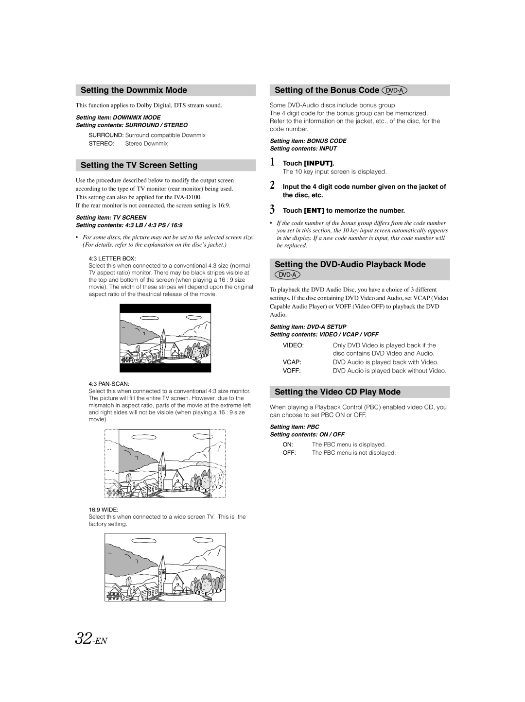 Alpine IVA-D100 owner manual Setting the Downmix Mode, Setting the TV Screen Setting, Setting of the Bonus Code 