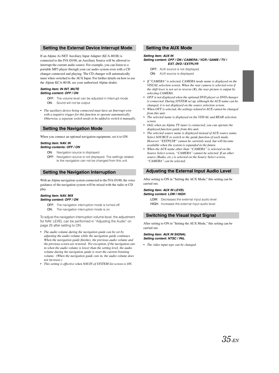 Alpine IVA-D100 owner manual Setting the External Device Interrupt Mode, Setting the Navigation Mode, Setting the AUX Mode 