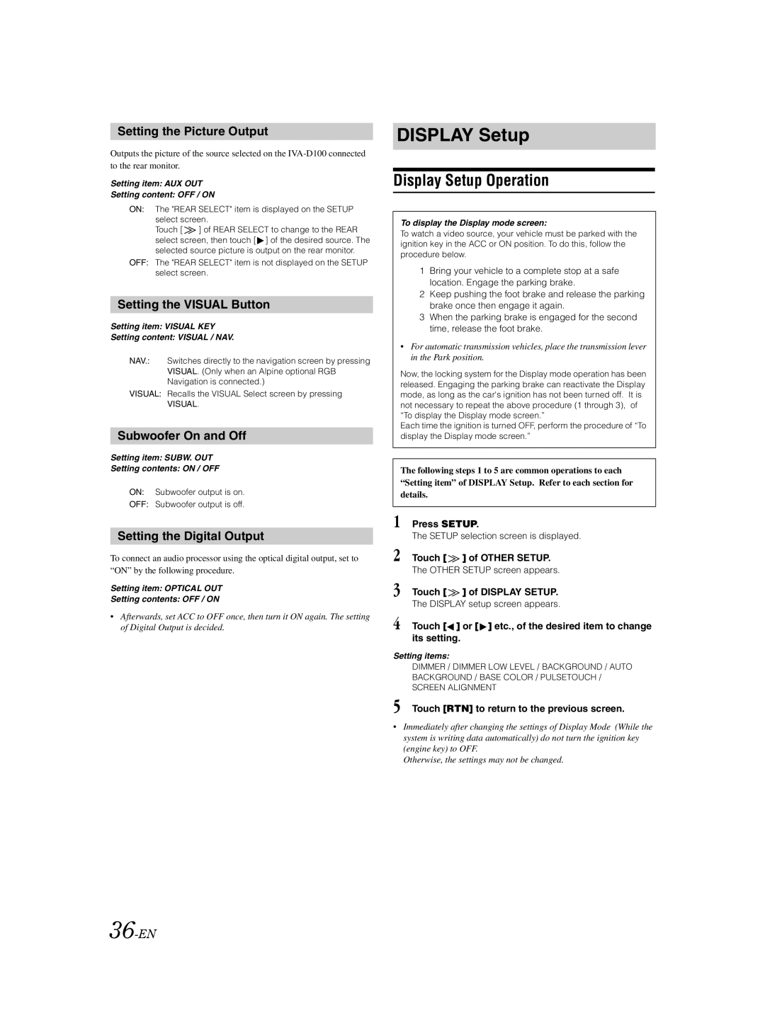 Alpine IVA-D100 Display Setup Operation, Setting the Picture Output, Setting the Visual Button, Subwoofer On and Off 