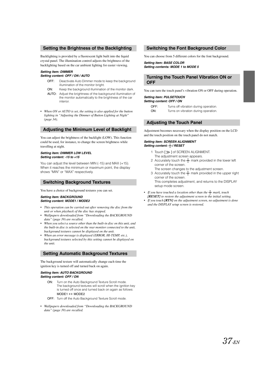 Alpine IVA-D100 owner manual Setting the Brightness of the Backlighting, Adjusting the Minimum Level of Backlight 