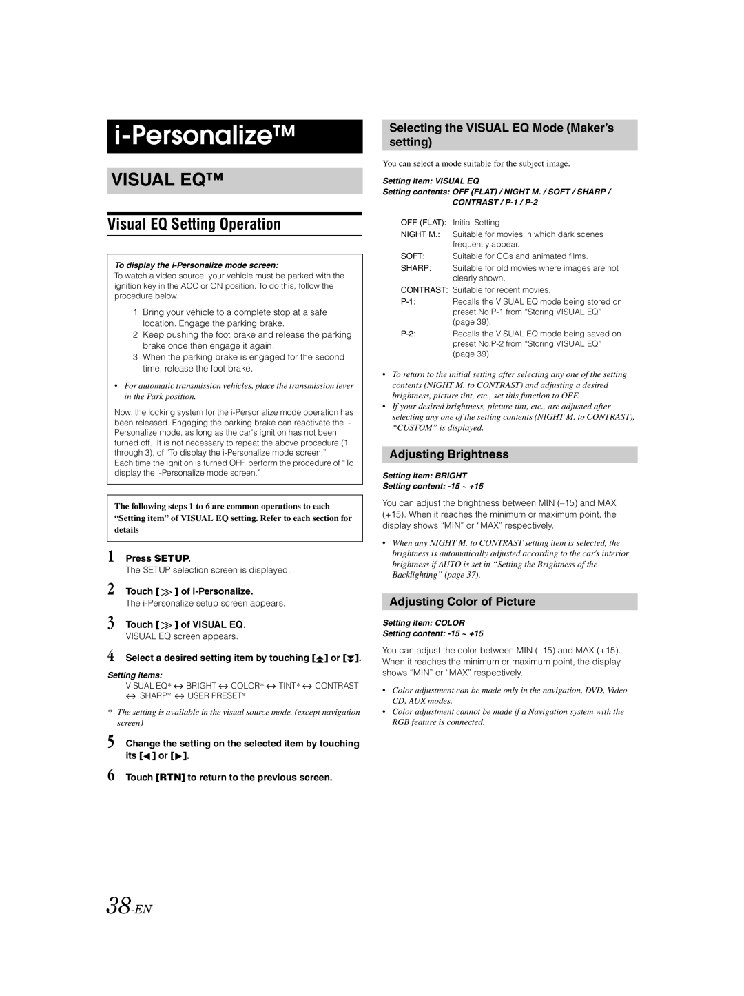 Alpine IVA-D100 owner manual Personalize, Visual EQ Setting Operation, Selecting the Visual EQ Mode Maker’s setting 