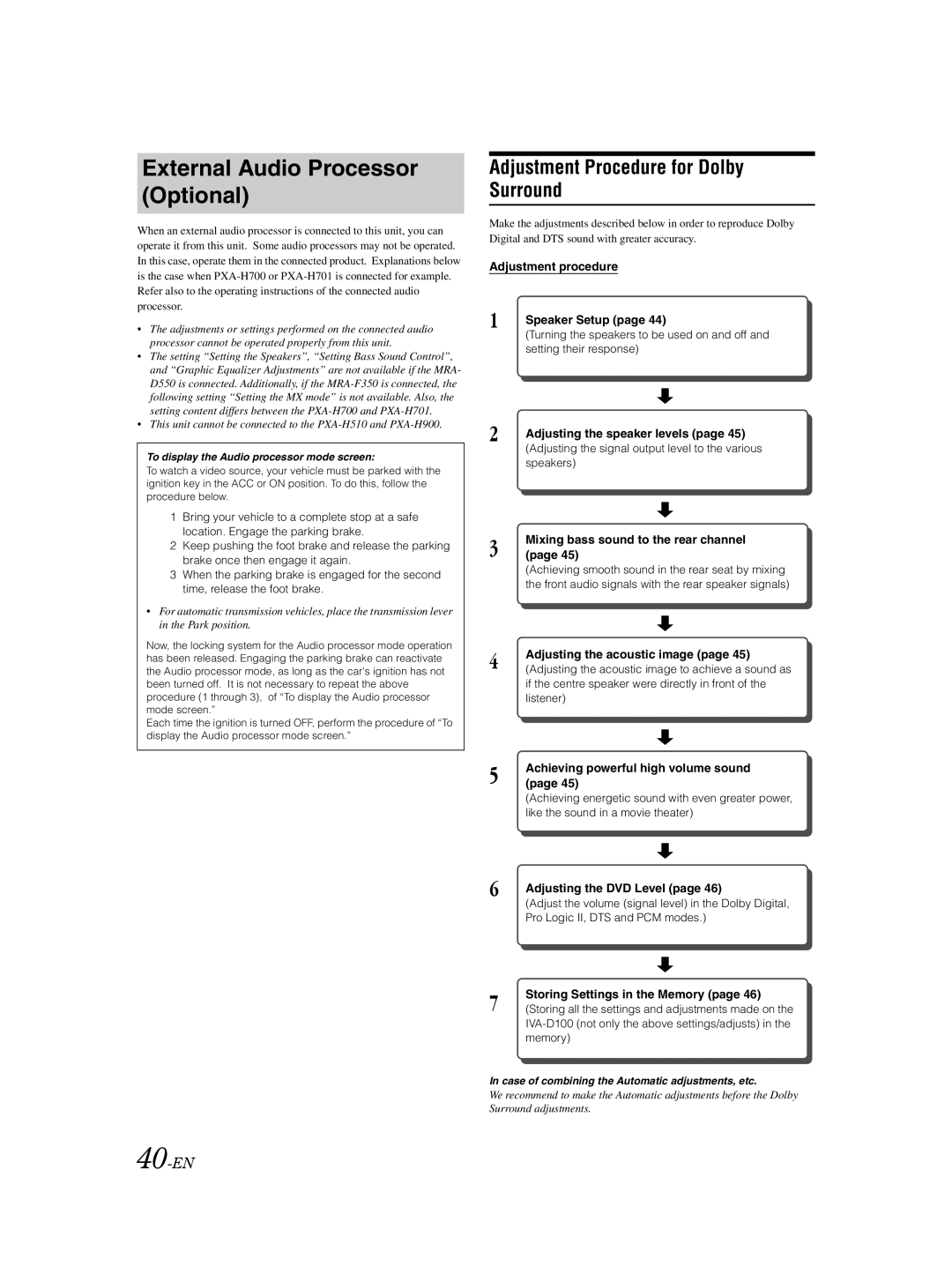 Alpine IVA-D100 owner manual Adjustment Procedure for Dolby Surround, 40-EN 