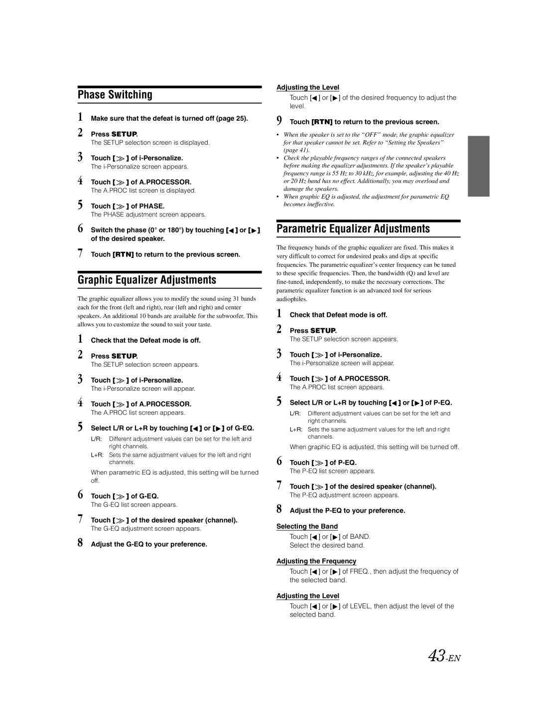 Alpine IVA-D100 owner manual Phase Switching, Graphic Equalizer Adjustments, Parametric Equalizer Adjustments, 43-EN 