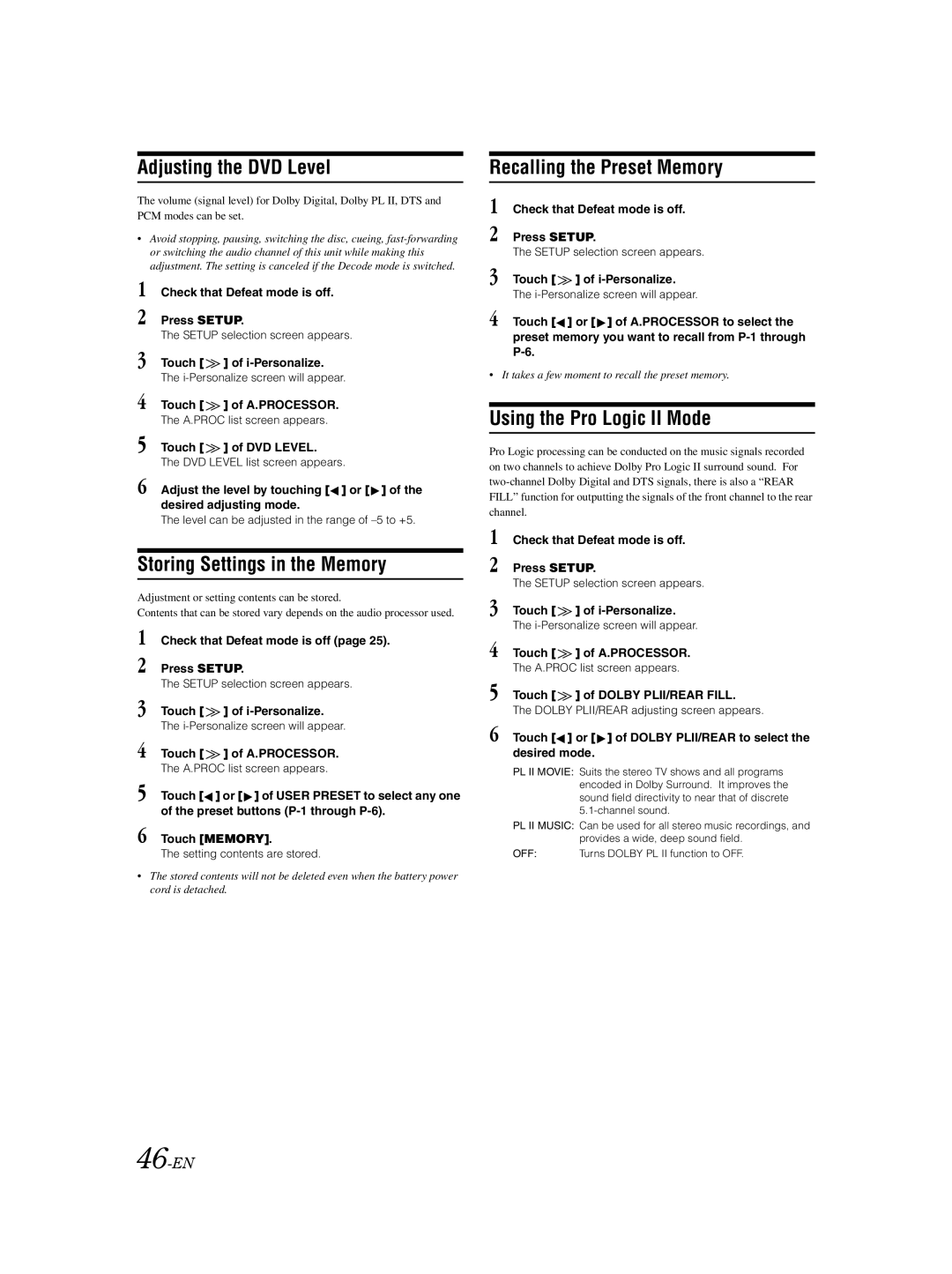 Alpine IVA-D100 owner manual Adjusting the DVD Level, Storing Settings in the Memory, Recalling the Preset Memory, 46-EN 