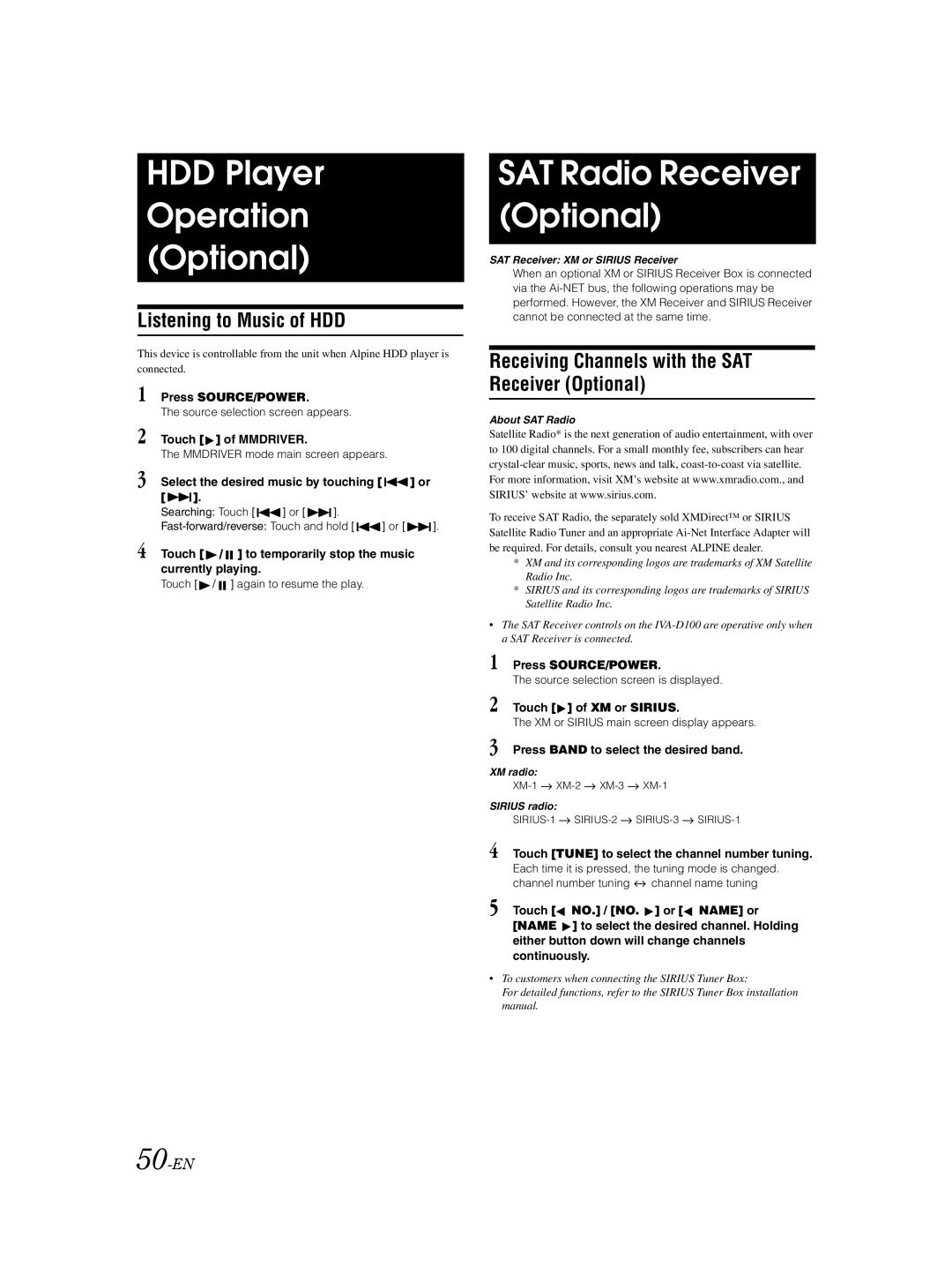 Alpine IVA-D100 owner manual HDD Player Operation Optional, SAT Radio Receiver Optional, Listening to Music of HDD, 50-EN 