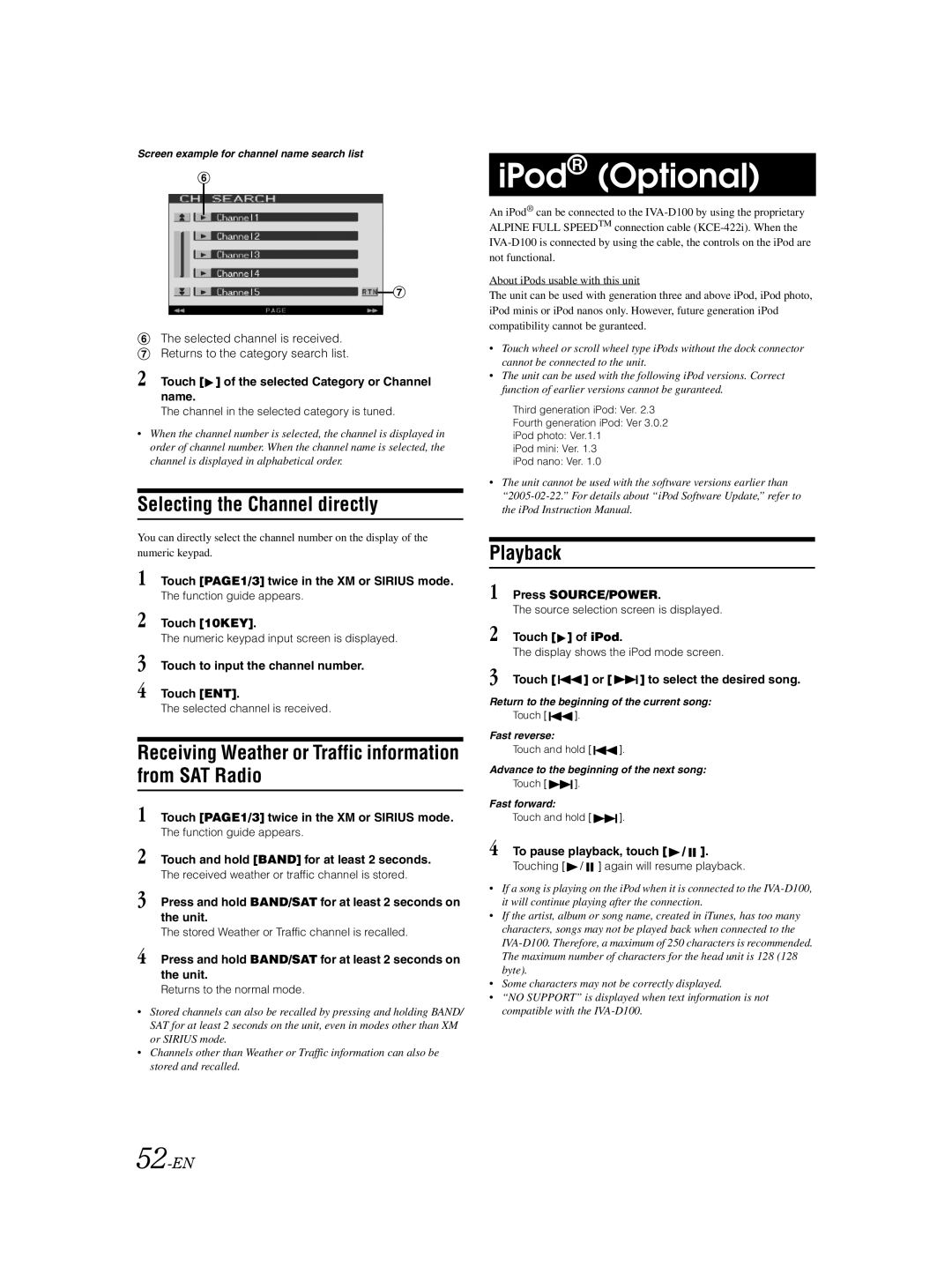 Alpine IVA-D100 IPod Optional, Selecting the Channel directly, Receiving Weather or Traffic information from SAT Radio 