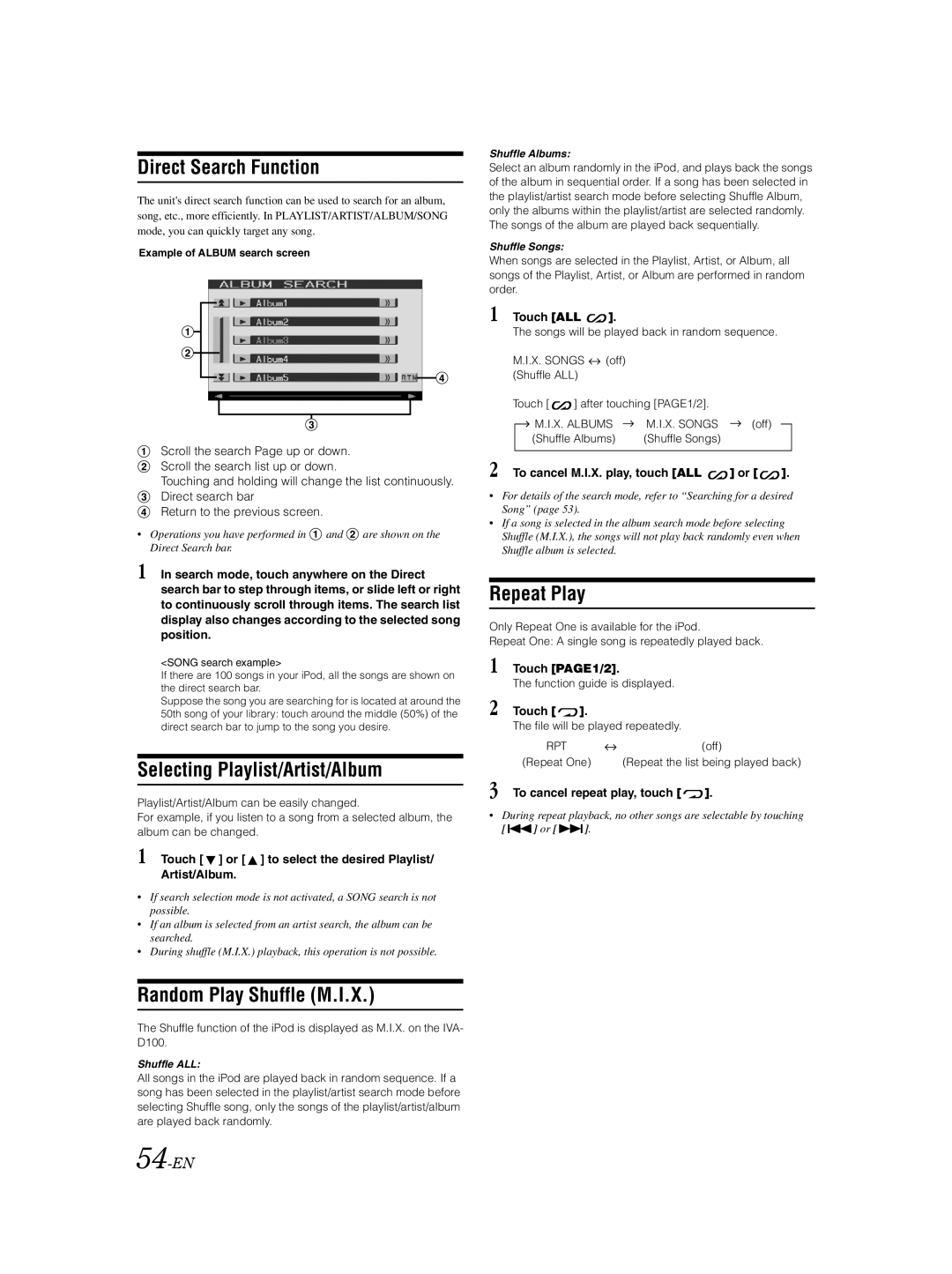 Alpine IVA-D100 owner manual Direct Search Function, Selecting Playlist/Artist/Album, Random Play Shuffle M.I.X, 54-EN 