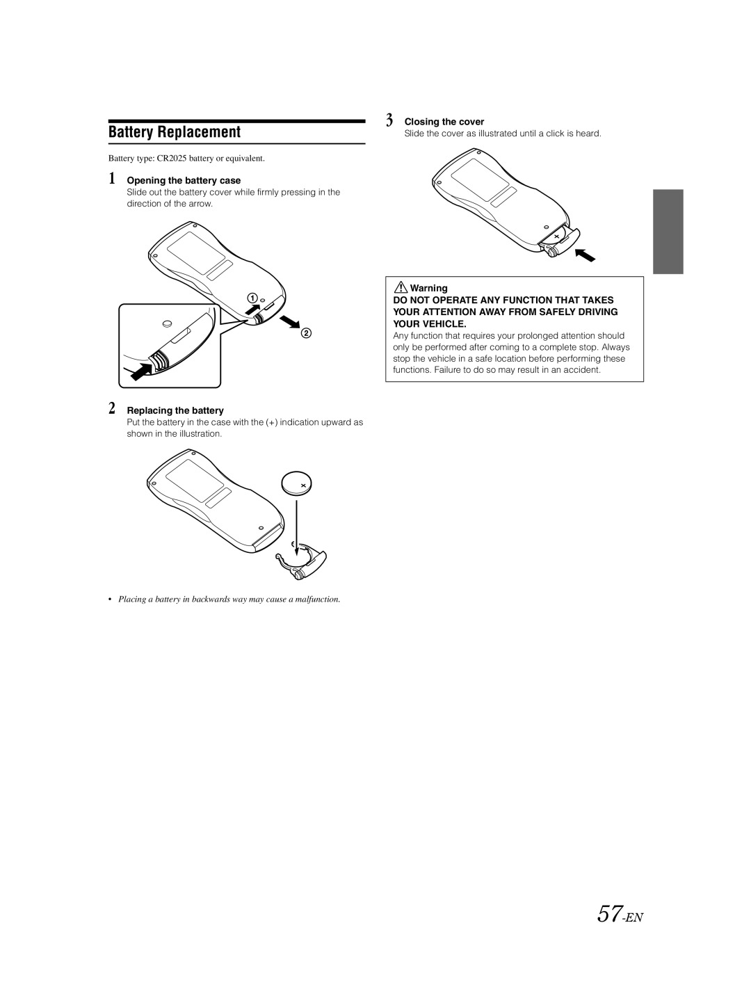 Alpine IVA-D100 owner manual Battery Replacement, 57-EN, Opening the battery case, Replacing the battery, Closing the cover 