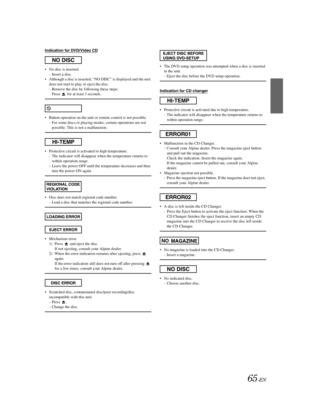 Alpine IVA-D100 owner manual 65-EN, Indication for DVD/Video CD, Indication for CD changer 