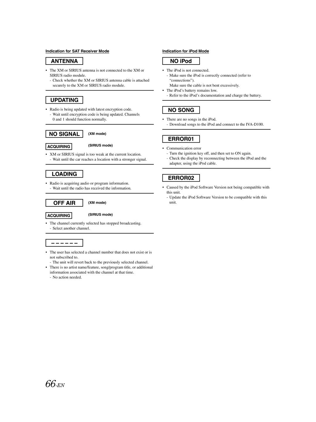 Alpine IVA-D100 owner manual 66-EN, Indication for SAT Receiver Mode 