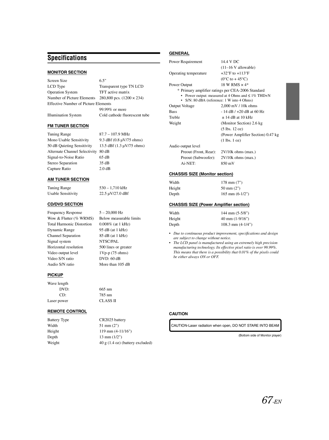 Alpine IVA-D100 owner manual Specifications, 67-EN, Chassis Size Monitor section, Chassis Size Power Amplifier section 