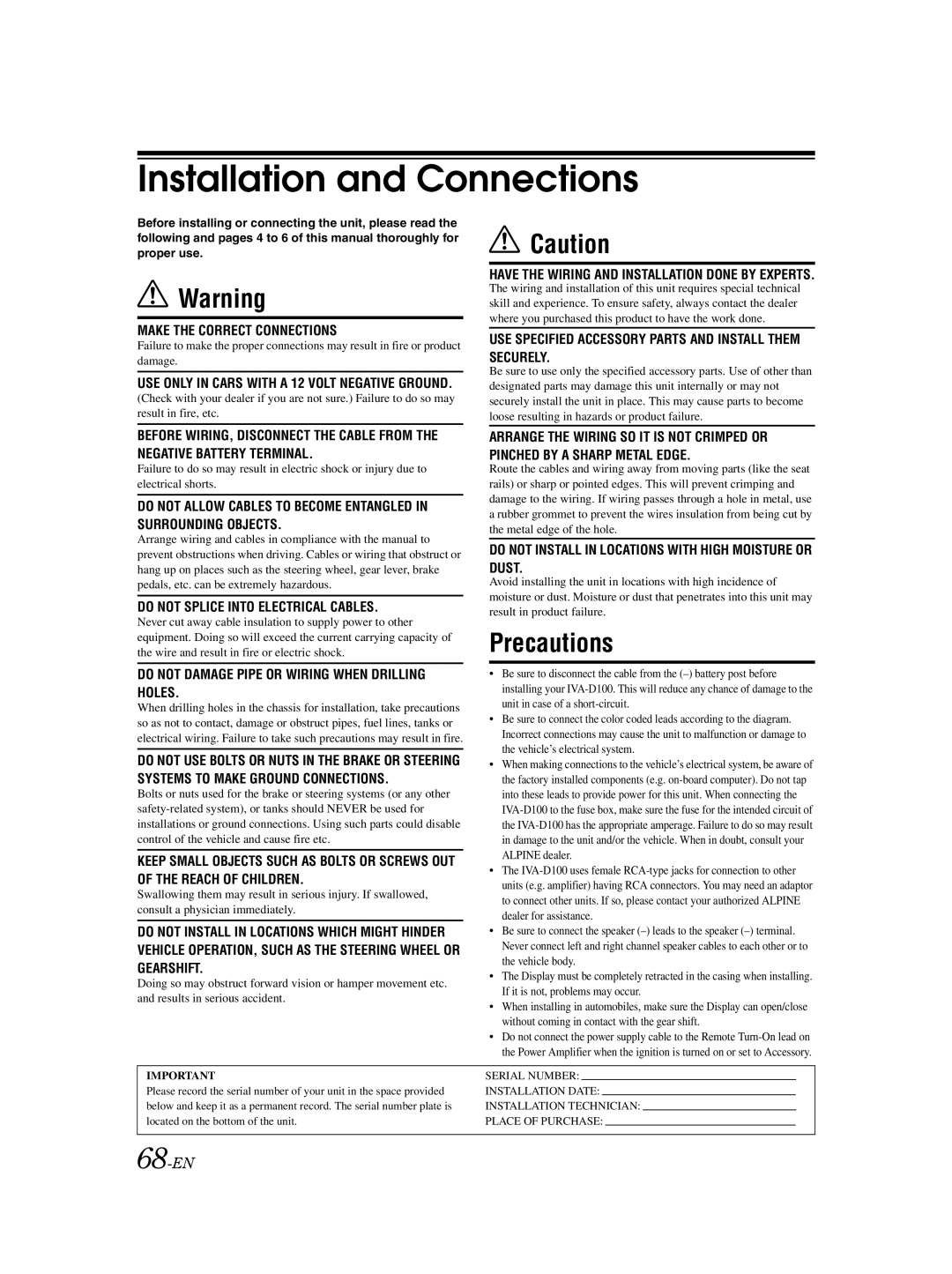 Alpine IVA-D100 owner manual Installation and Connections, 68-EN 