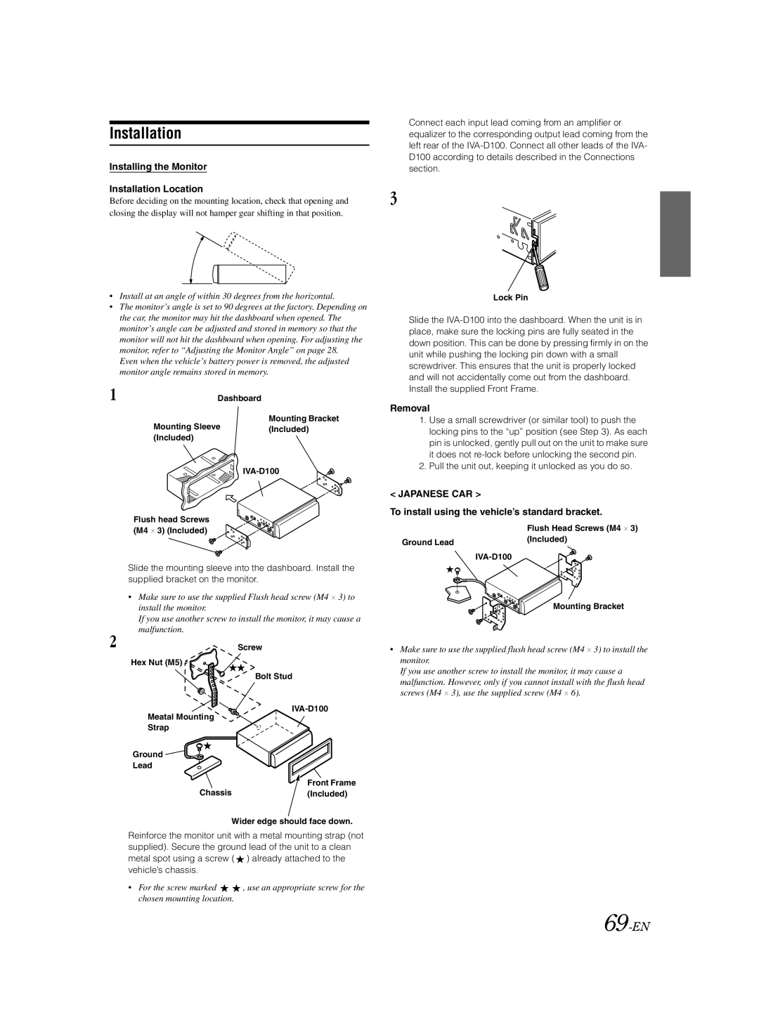 Alpine IVA-D100 owner manual 69-EN, Installing the Monitor Installation Location, Removal 