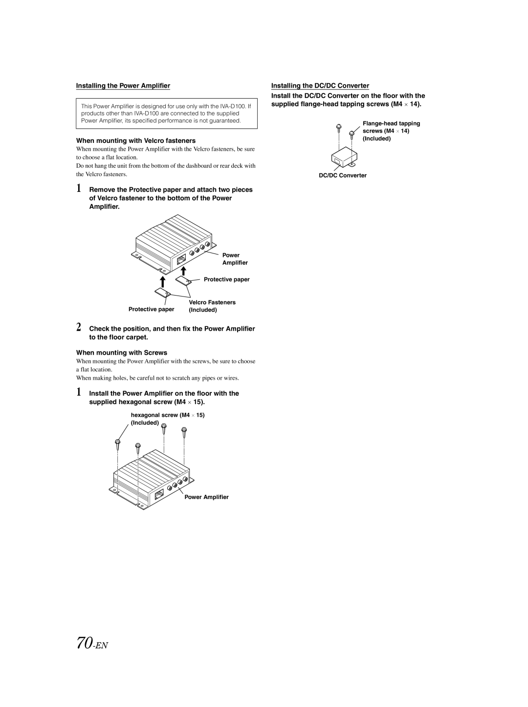 Alpine IVA-D100 70-EN, Installing the Power Amplifier, When mounting with Velcro fasteners, Installing the DC/DC Converter 