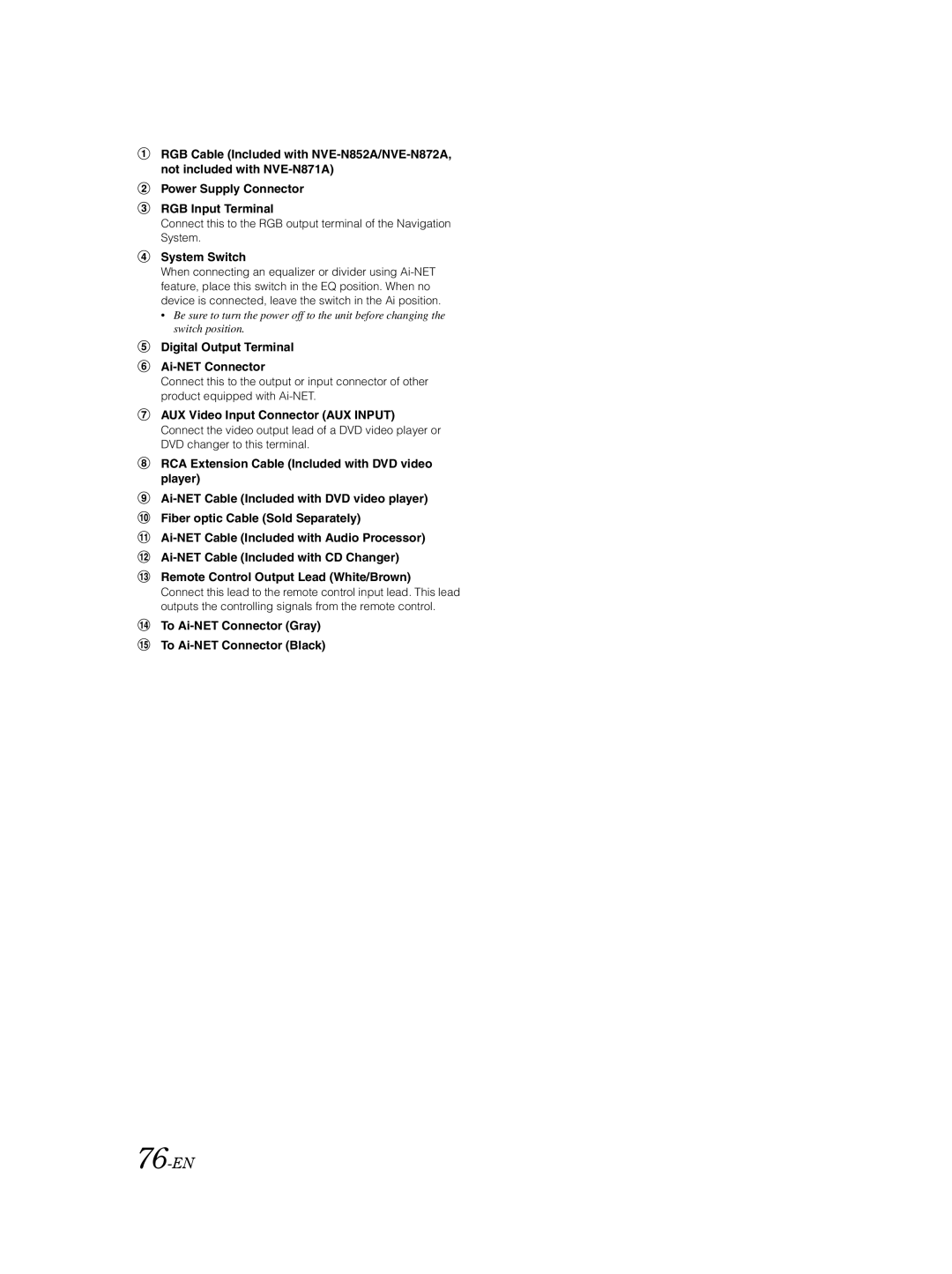 Alpine IVA-D100 owner manual 76-EN, Power Supply Connector RGB Input Terminal, Digital Output Terminal Ai-NET Connector 