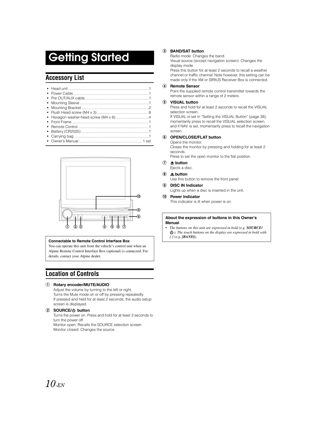 Alpine IVA-D105 owner manual Getting Started, Accessory List, Location of Controls, 10-EN 