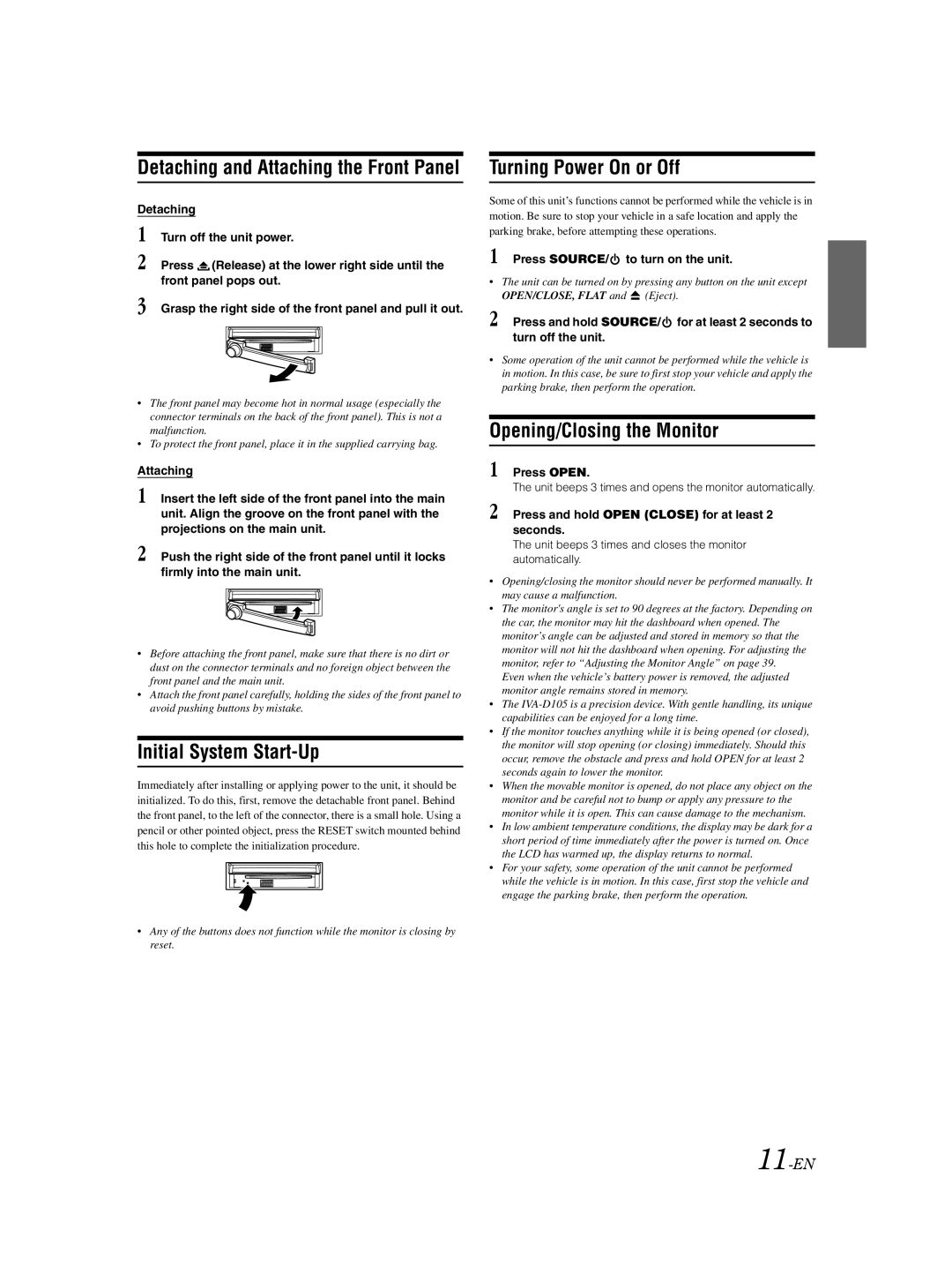 Alpine IVA-D105 owner manual Initial System Start-Up, Turning Power On or Off, Opening/Closing the Monitor, 11-EN 