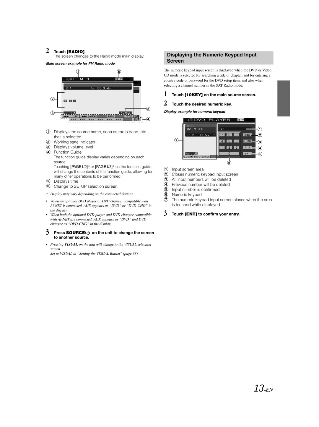 Alpine IVA-D105 Displaying the Numeric Keypad Input Screen, 13-EN, Touch Radio, Touch ENT to confirm your entry 