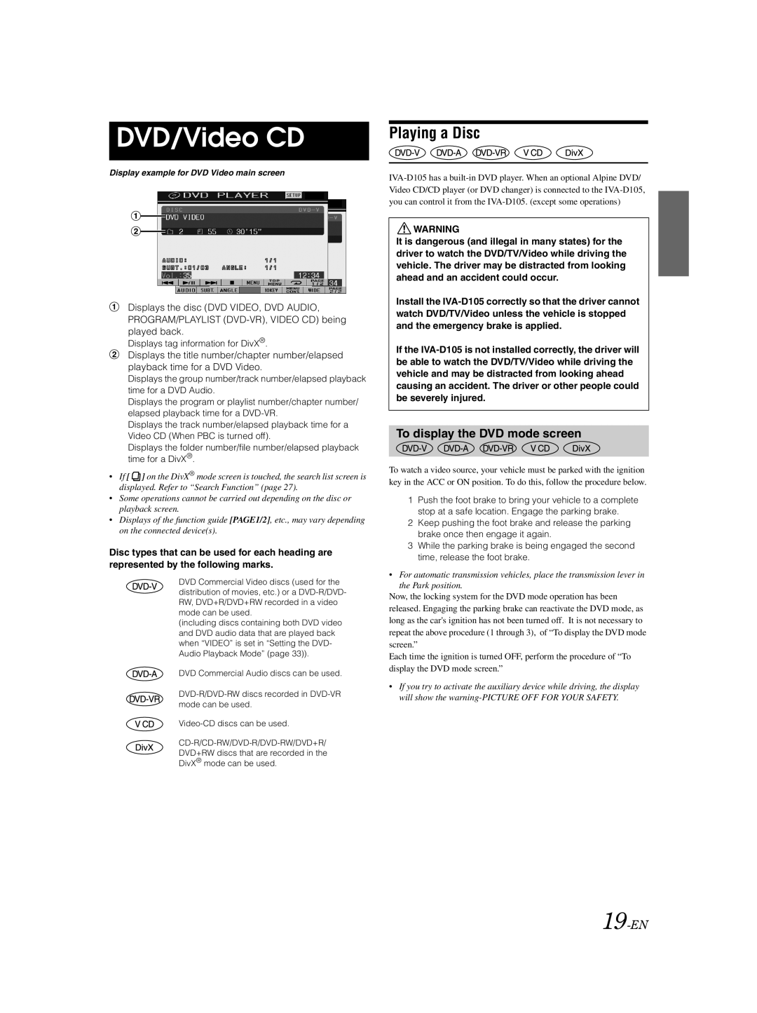 Alpine IVA-D105 DVD/Video CD, Playing a Disc, To display the DVD mode screen, 19-EN, Displays tag information for DivX 