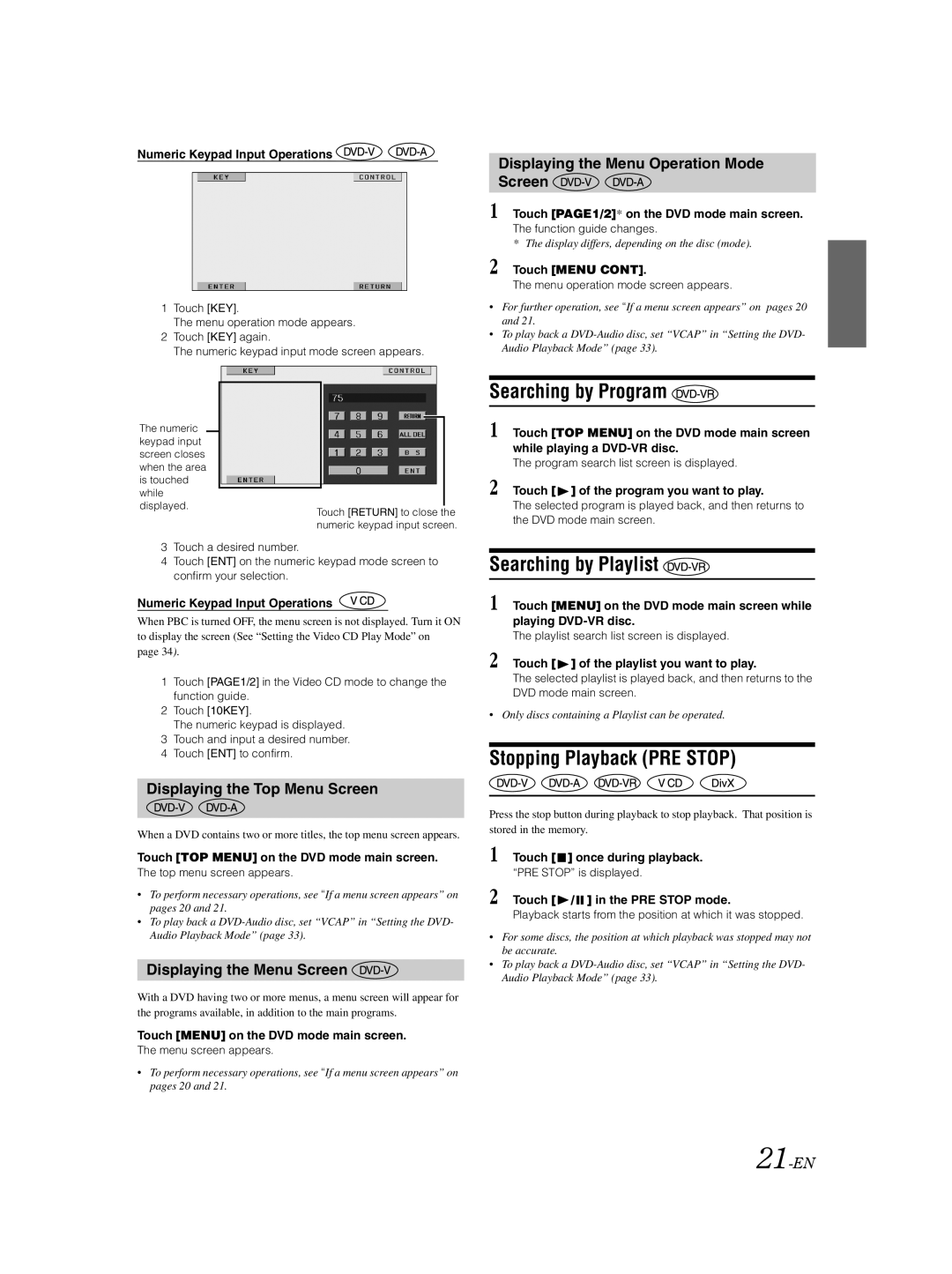 Alpine IVA-D105 owner manual Searching by Program, Searching by Playlist, Stopping Playback PRE Stop 