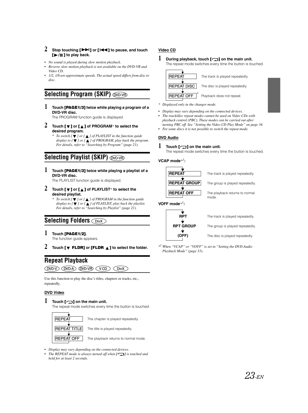 Alpine IVA-D105 owner manual Selecting Program Skip, Selecting Playlist Skip, Selecting Folders, Repeat Playback, 23-EN 