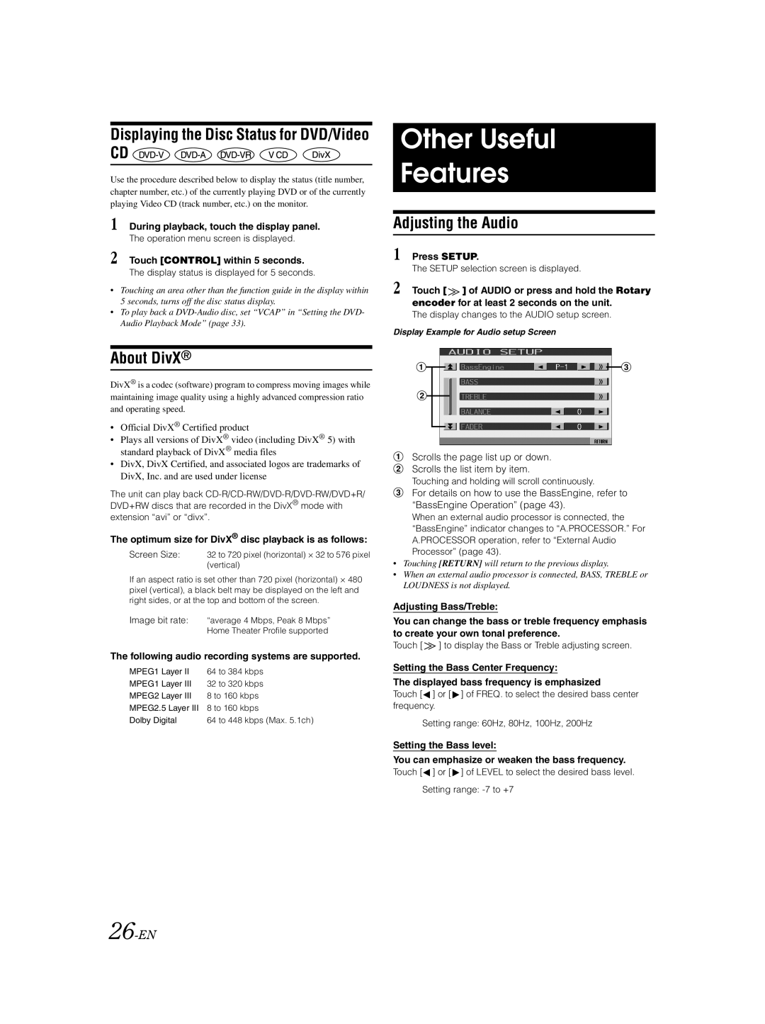 Alpine IVA-D105 owner manual Other Useful Features, Adjusting the Audio, About DivX, 26-EN 