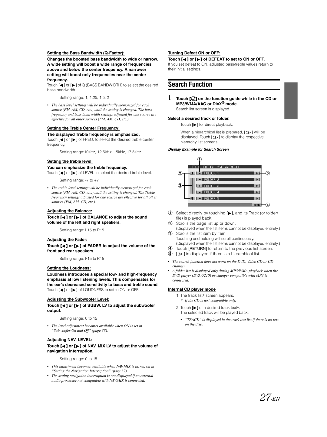 Alpine IVA-D105 Search Function, 27-EN, Setting the Loudness, Select a desired track or folder, Internal CD player mode 