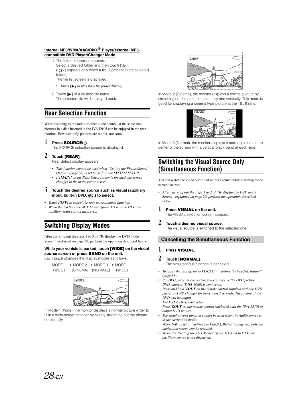 Alpine IVA-D105 Rear Selection Function, Switching Display Modes, Switching the Visual Source Only Simultaneous Function 