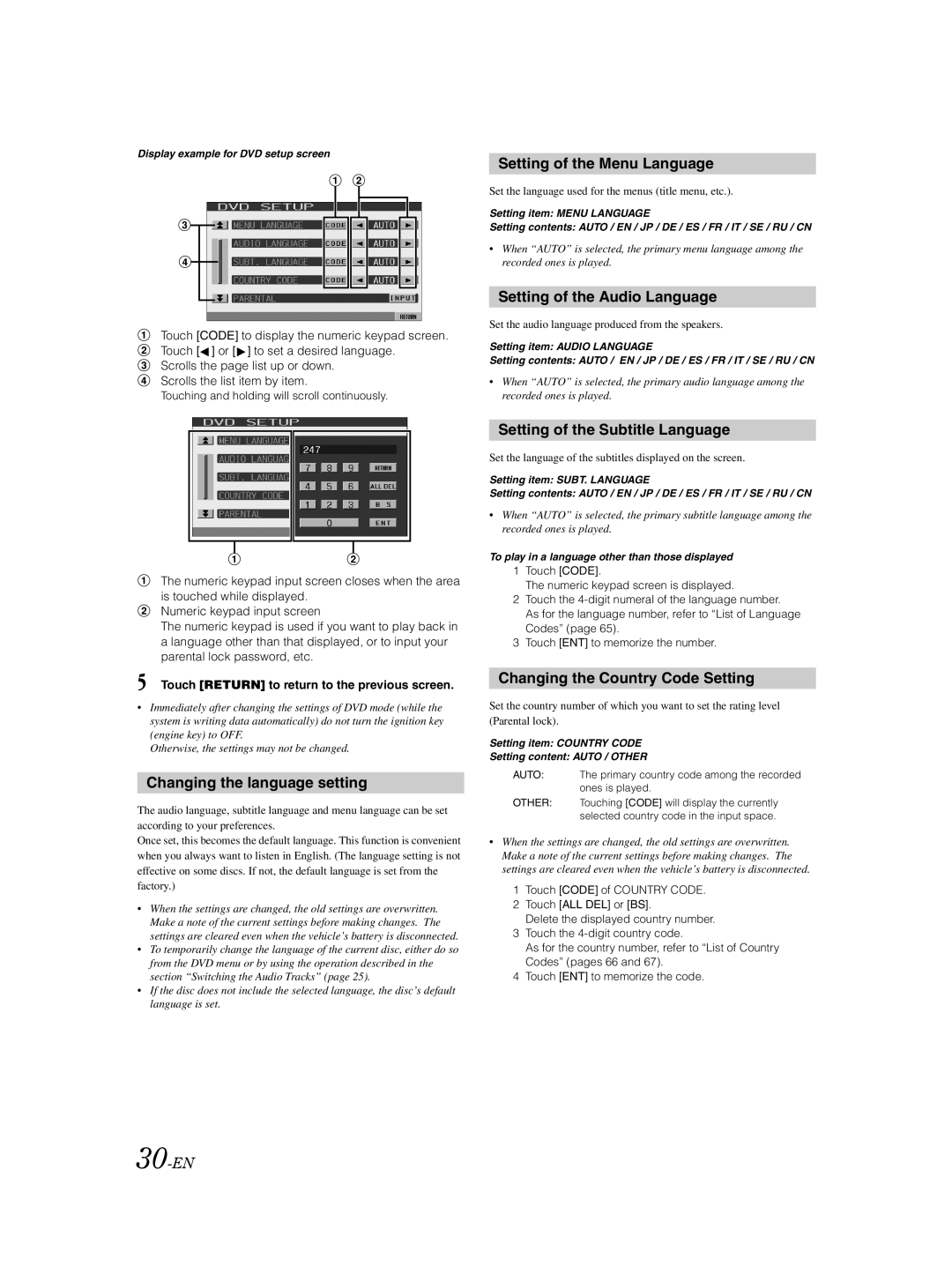 Alpine IVA-D105 owner manual Setting of the Menu Language, Setting of the Audio Language, Changing the language setting 