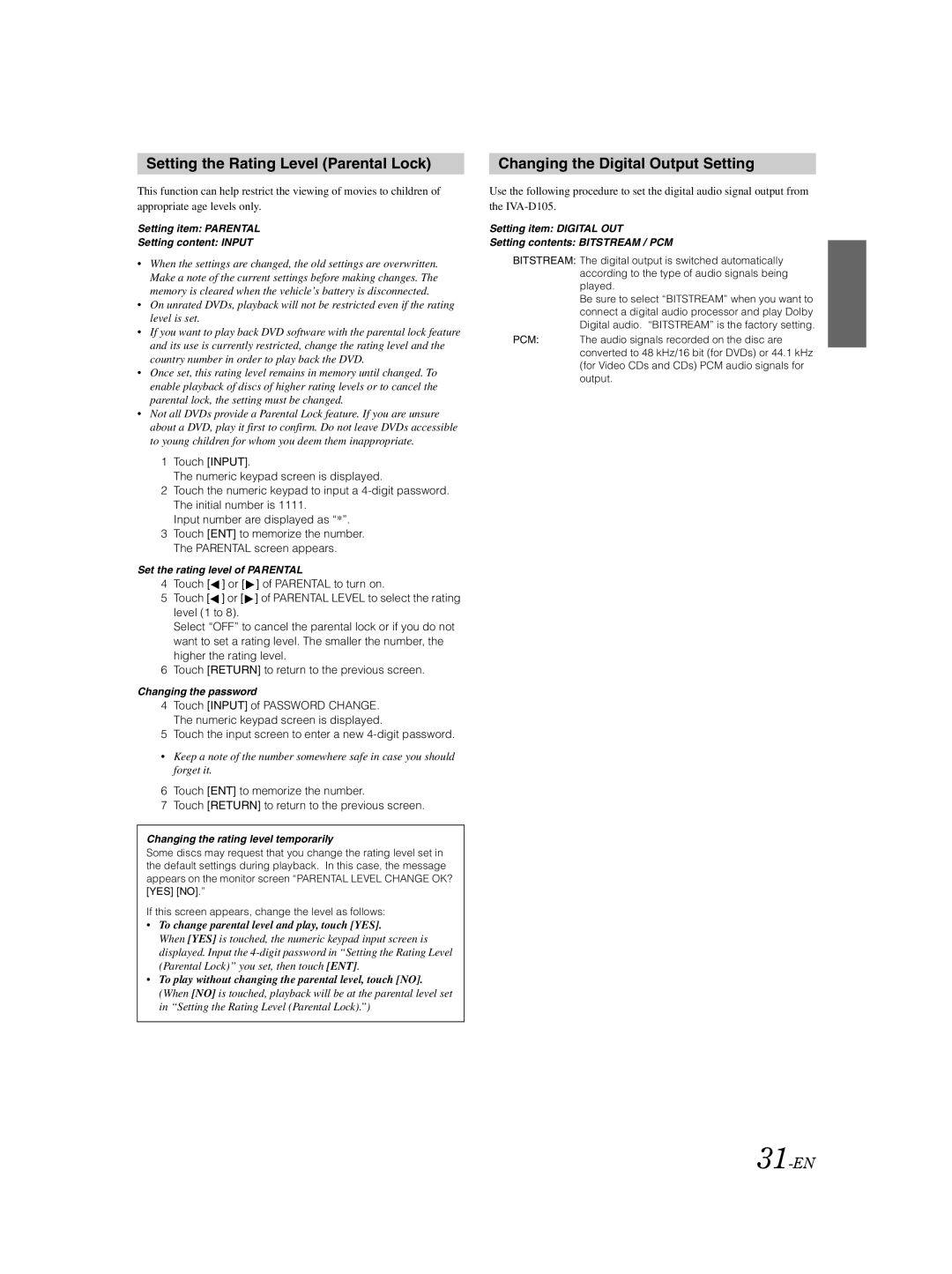 Alpine IVA-D105 owner manual Setting the Rating Level Parental Lock, Changing the Digital Output Setting, 31-EN 