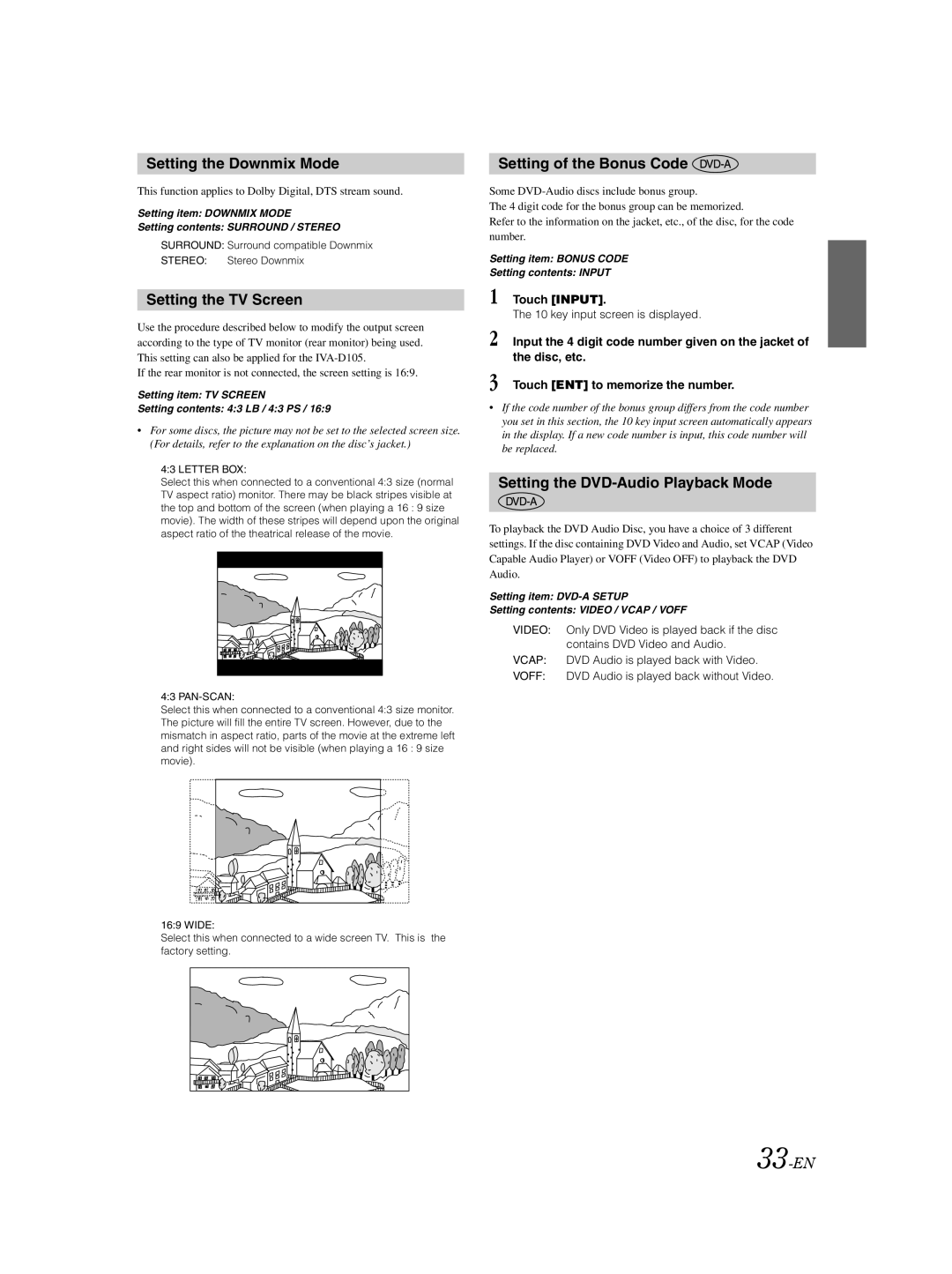 Alpine IVA-D105 owner manual Setting the Downmix Mode, Setting the TV Screen, Setting of the Bonus Code, 33-EN 