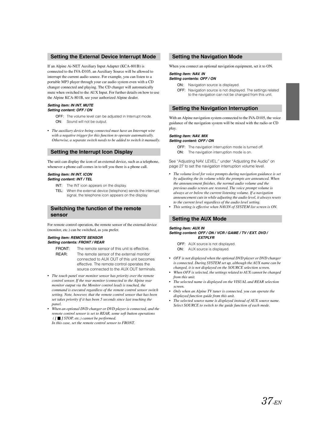 Alpine IVA-D105 Setting the External Device Interrupt Mode, Setting the Interrupt Icon Display, Setting the AUX Mode 