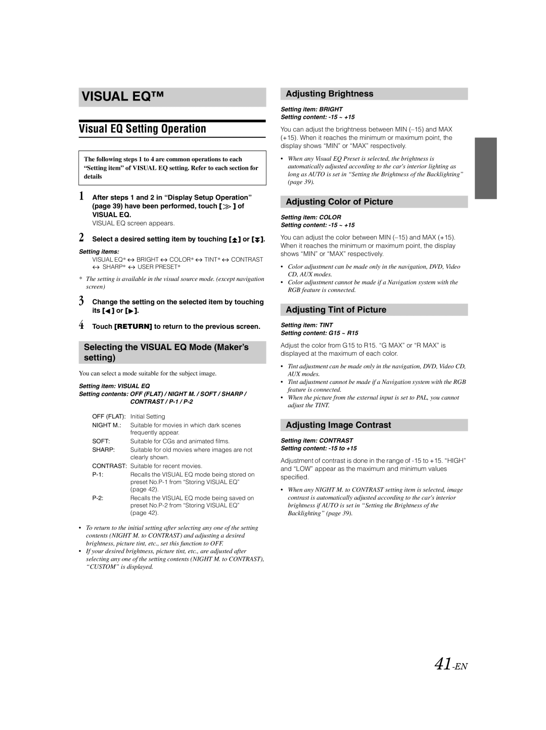 Alpine IVA-D105 owner manual Visual EQ Setting Operation 