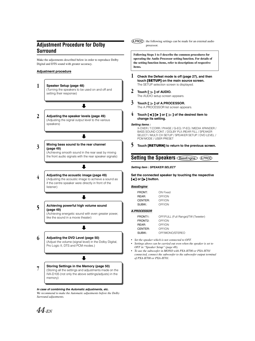 Alpine IVA-D105 owner manual Adjustment Procedure for Dolby Surround, Setting the Speakers, 44-EN 