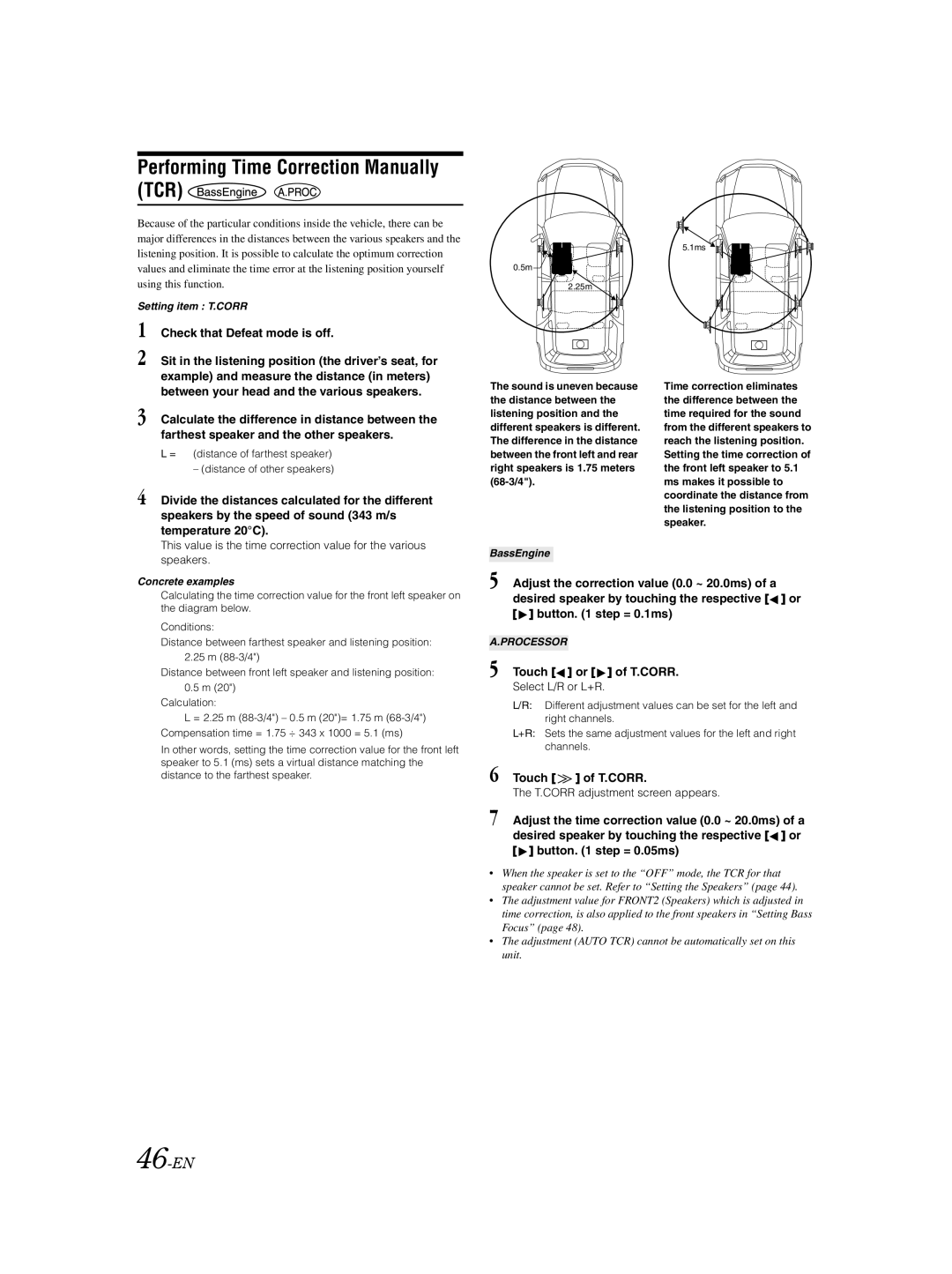 Alpine IVA-D105 Performing Time Correction Manually TCR, 46-EN, Check that Defeat mode is off, Touch or of T.CORR 