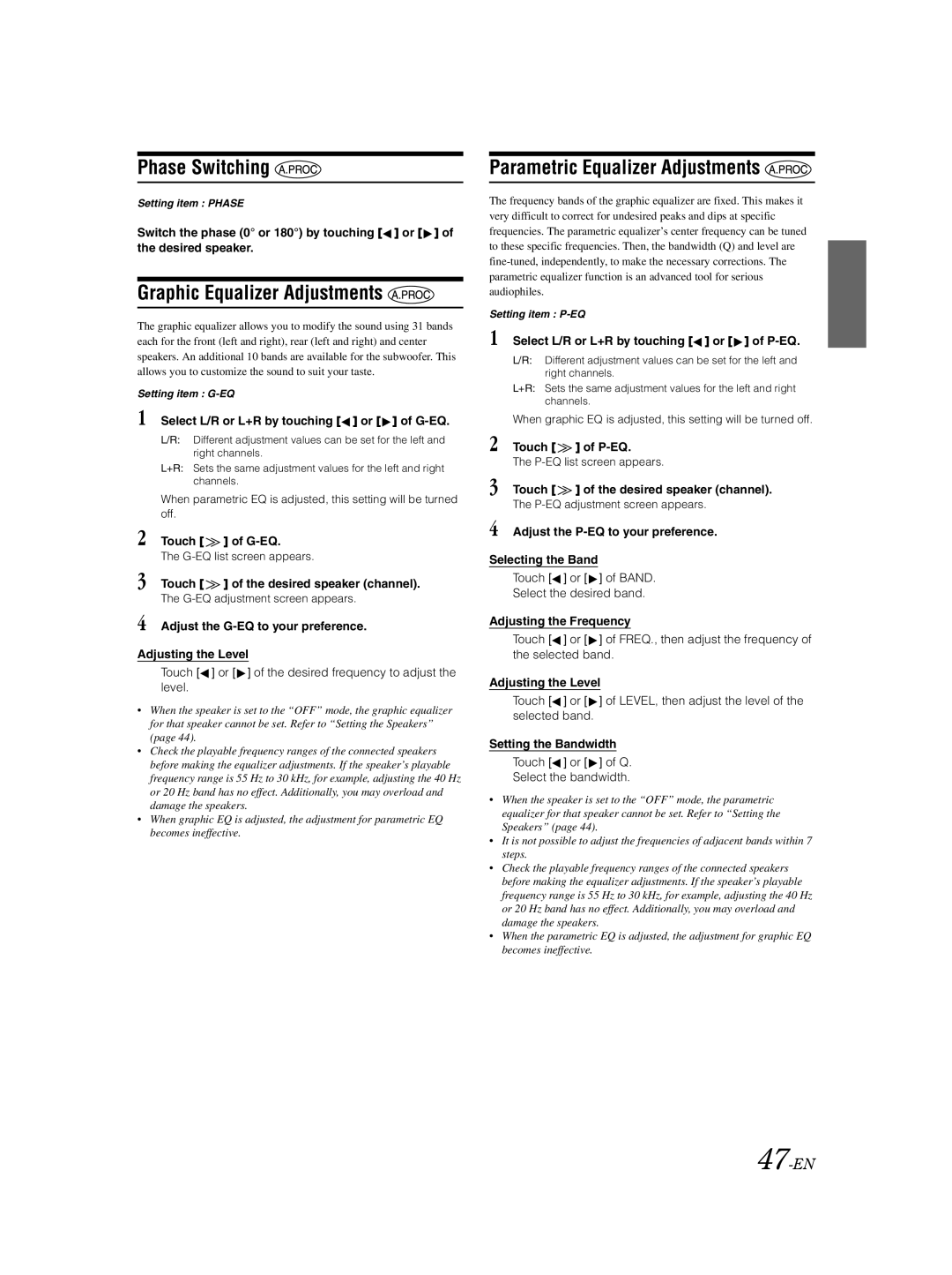 Alpine IVA-D105 owner manual Phase Switching, Graphic Equalizer Adjustments, Parametric Equalizer Adjustments, 47-EN 