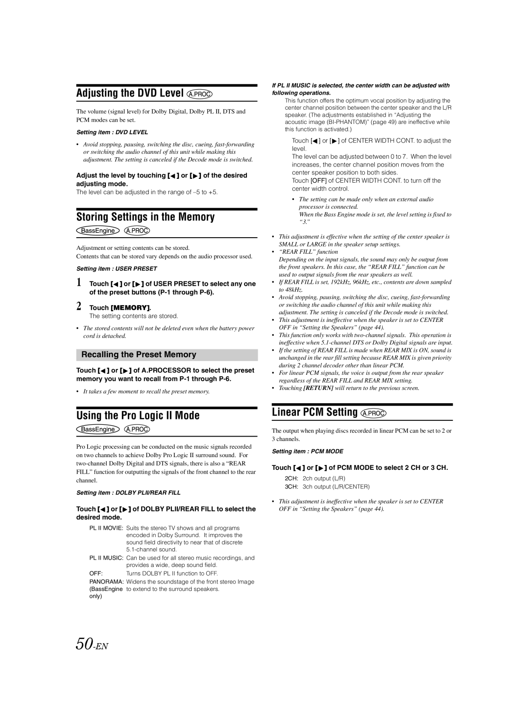 Alpine IVA-D105 Adjusting the DVD Level, Storing Settings in the Memory, Using the Pro Logic II Mode, Linear PCM Setting 
