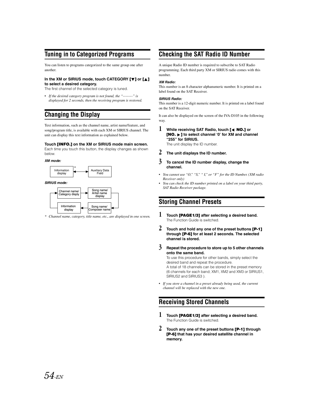 Alpine IVA-D105 Tuning in to Categorized Programs, Changing the Display, Checking the SAT Radio ID Number, 54-EN 