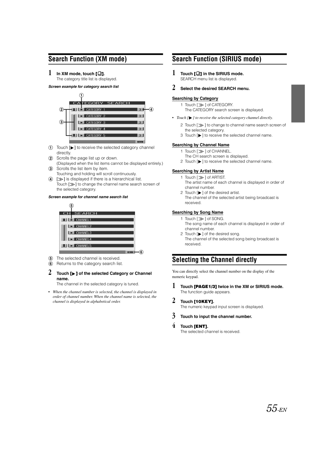 Alpine IVA-D105 owner manual Search Function XM mode, Search Function Sirius mode, Selecting the Channel directly, 55-EN 