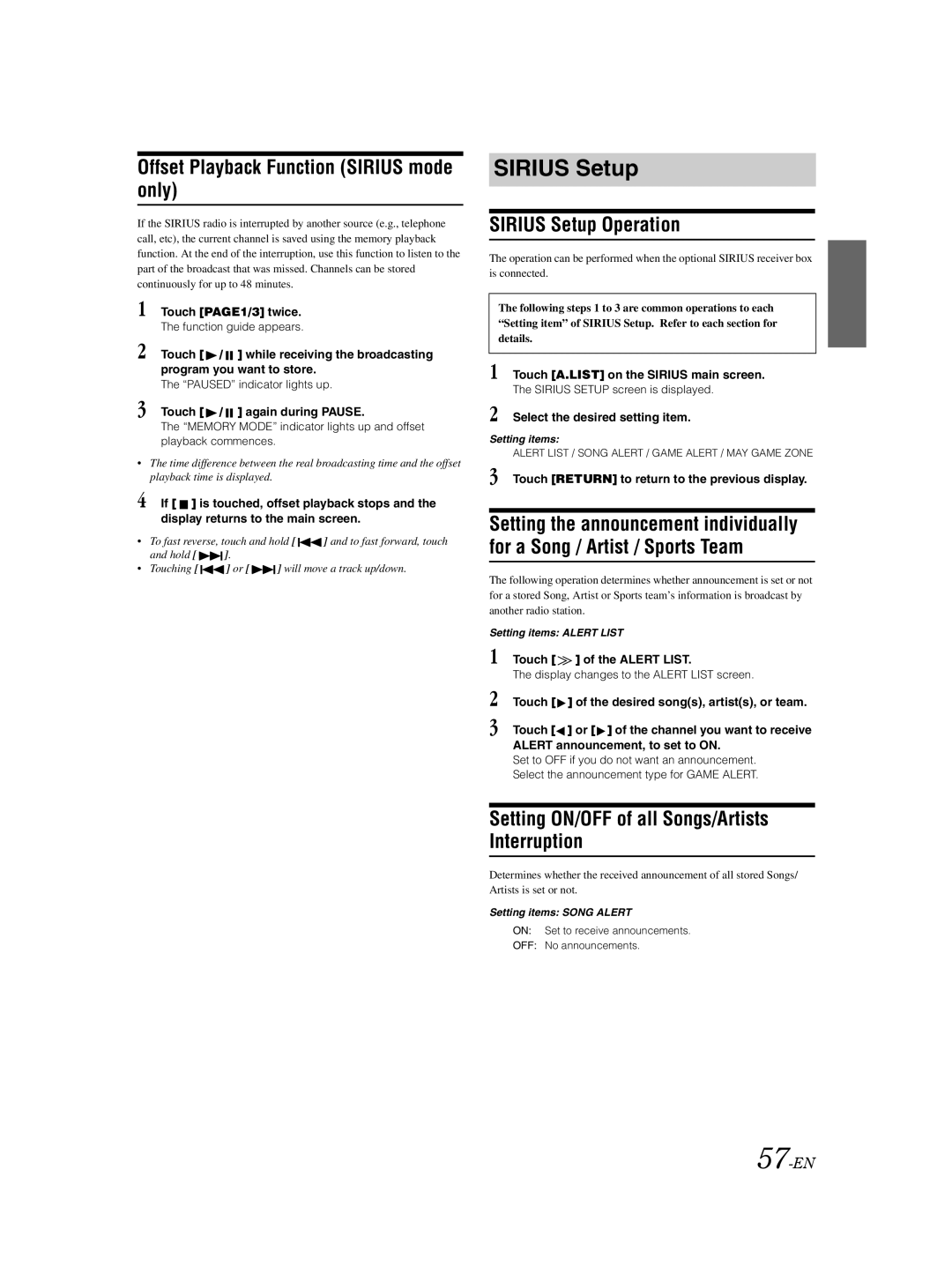Alpine IVA-D105 owner manual Offset Playback Function Sirius mode only, Sirius Setup Operation, 57-EN 