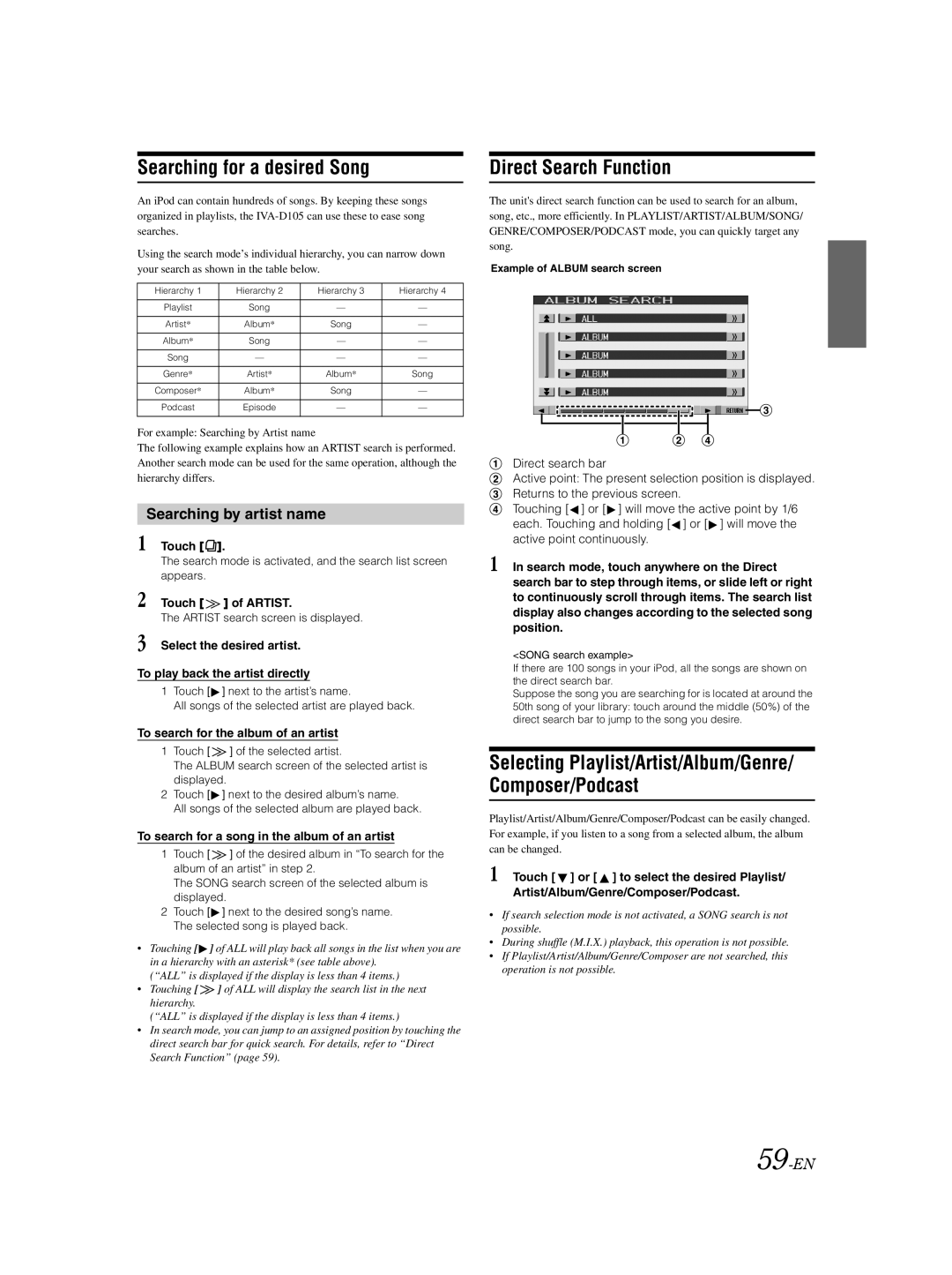 Alpine IVA-D105 owner manual Searching for a desired Song, Direct Search Function, Searching by artist name, 59-EN 