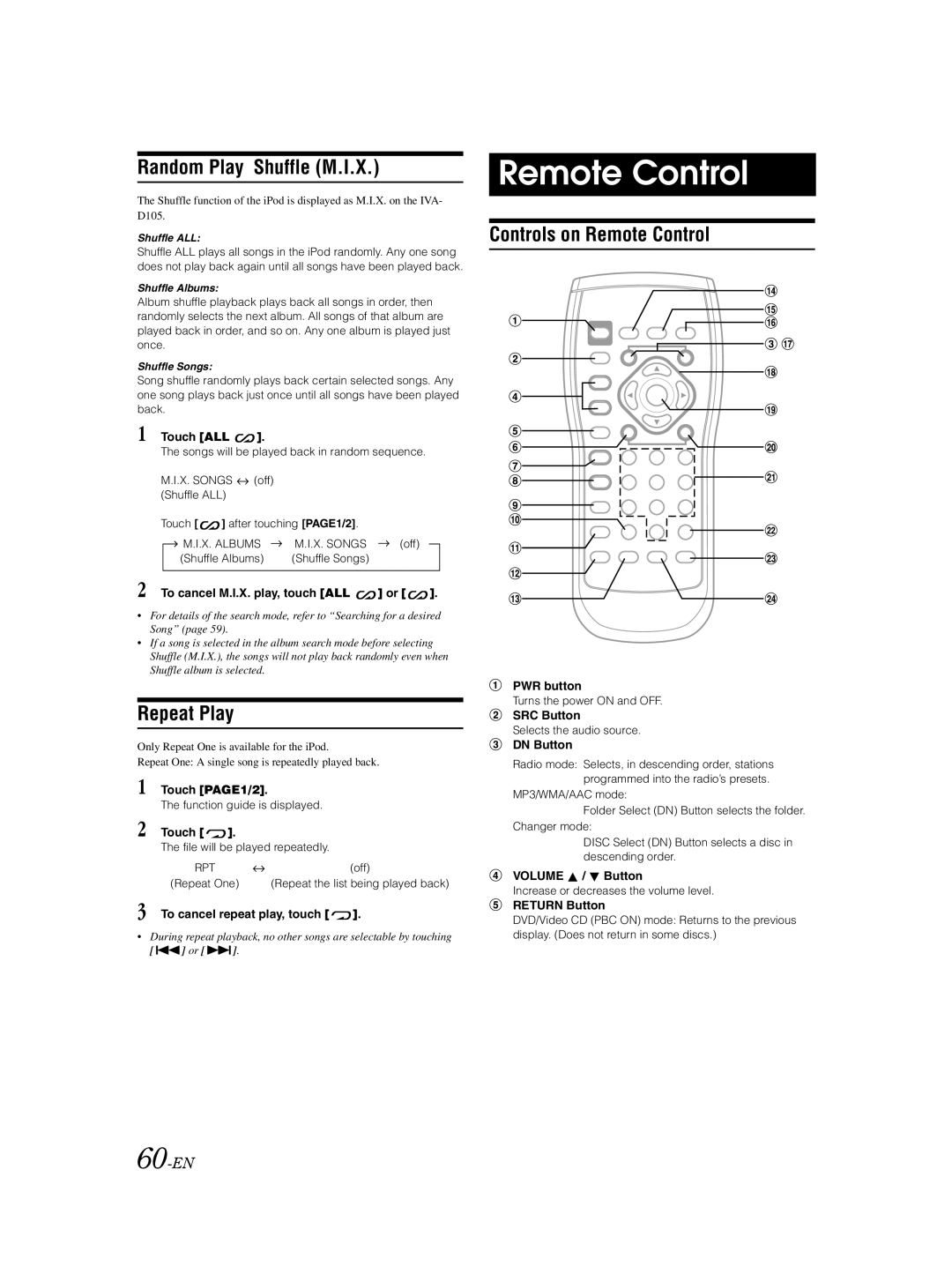 Alpine IVA-D105 owner manual Random Play Shuffle M.I.X, Controls on Remote Control, 60-EN 