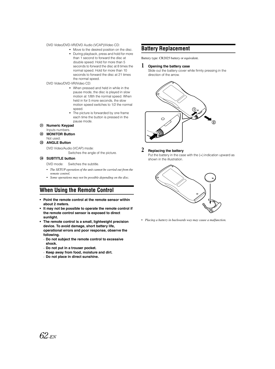 Alpine IVA-D105 owner manual When Using the Remote Control, Battery Replacement, 62-EN 