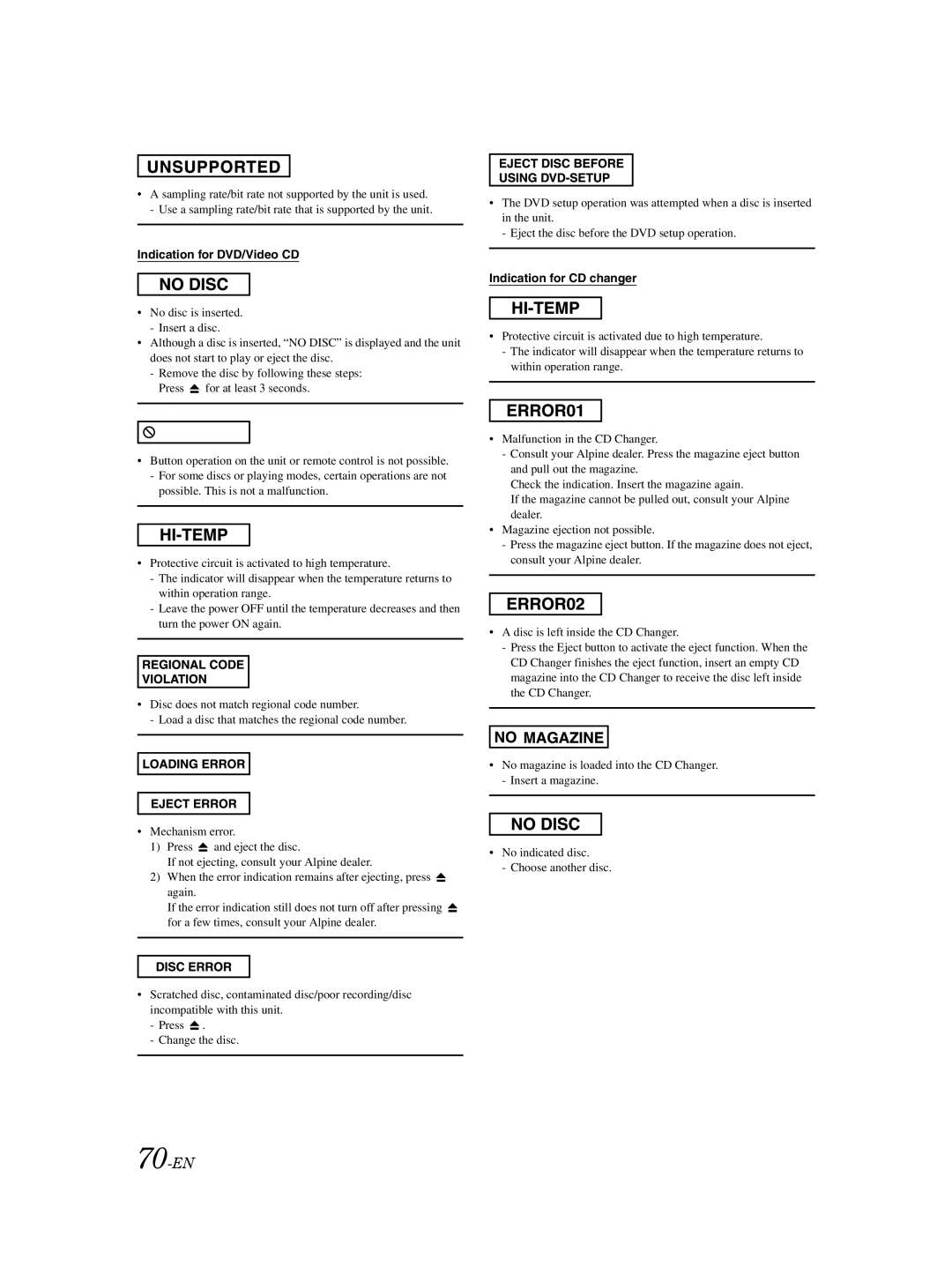 Alpine IVA-D105 owner manual 70-EN, Indication for DVD/Video CD, Indication for CD changer 