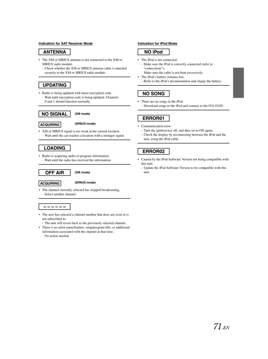 Alpine IVA-D105 owner manual 71-EN, Indication for SAT Receiver Mode 