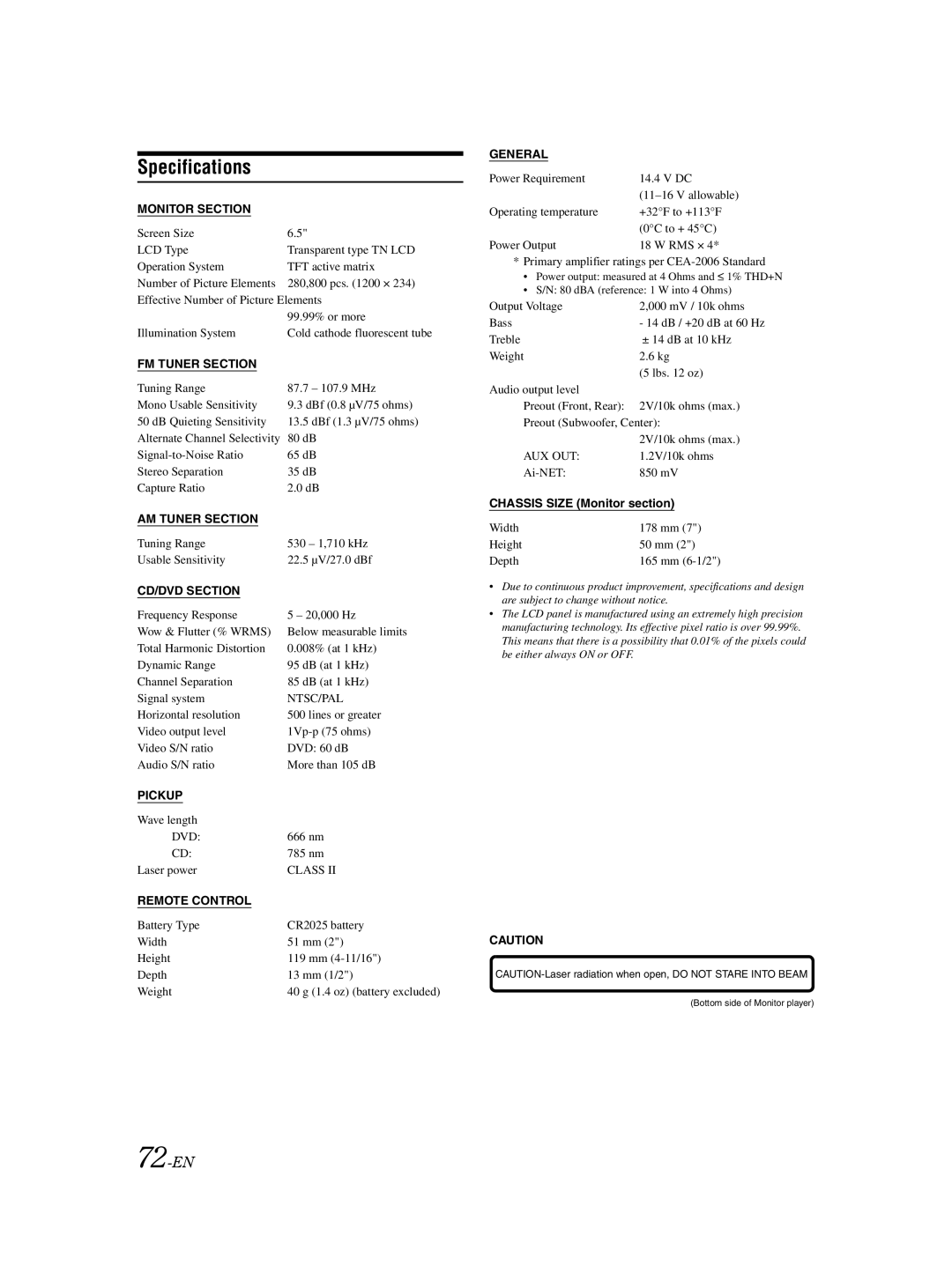 Alpine IVA-D105 owner manual Specifications, 72-EN, Chassis Size Monitor section 